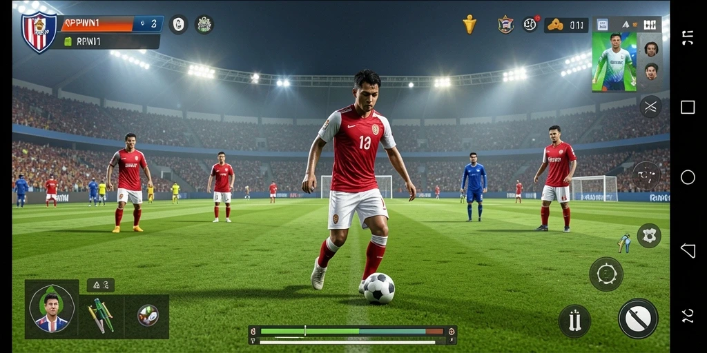 Tampilan gameplay menarik dari RPWIN1 yang menampilkan aksi sepak bola dinamis.